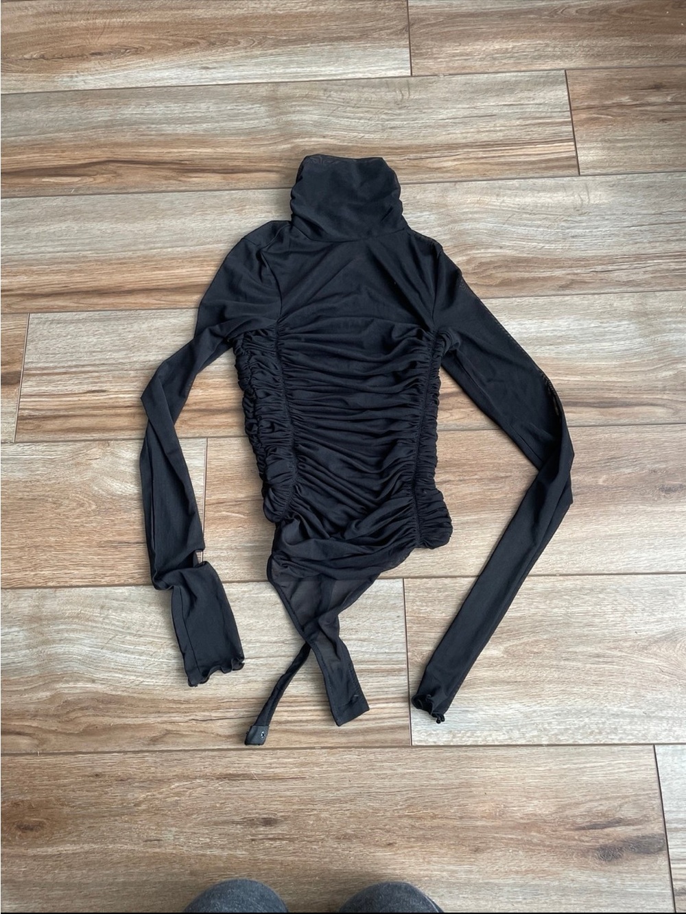 Free People Sheer Black Ruched Long-Sleeve Turtleneck Bodysuit